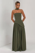 Women's Maxi Dress Strapless with Draped Sleeve and Front Slit - 8