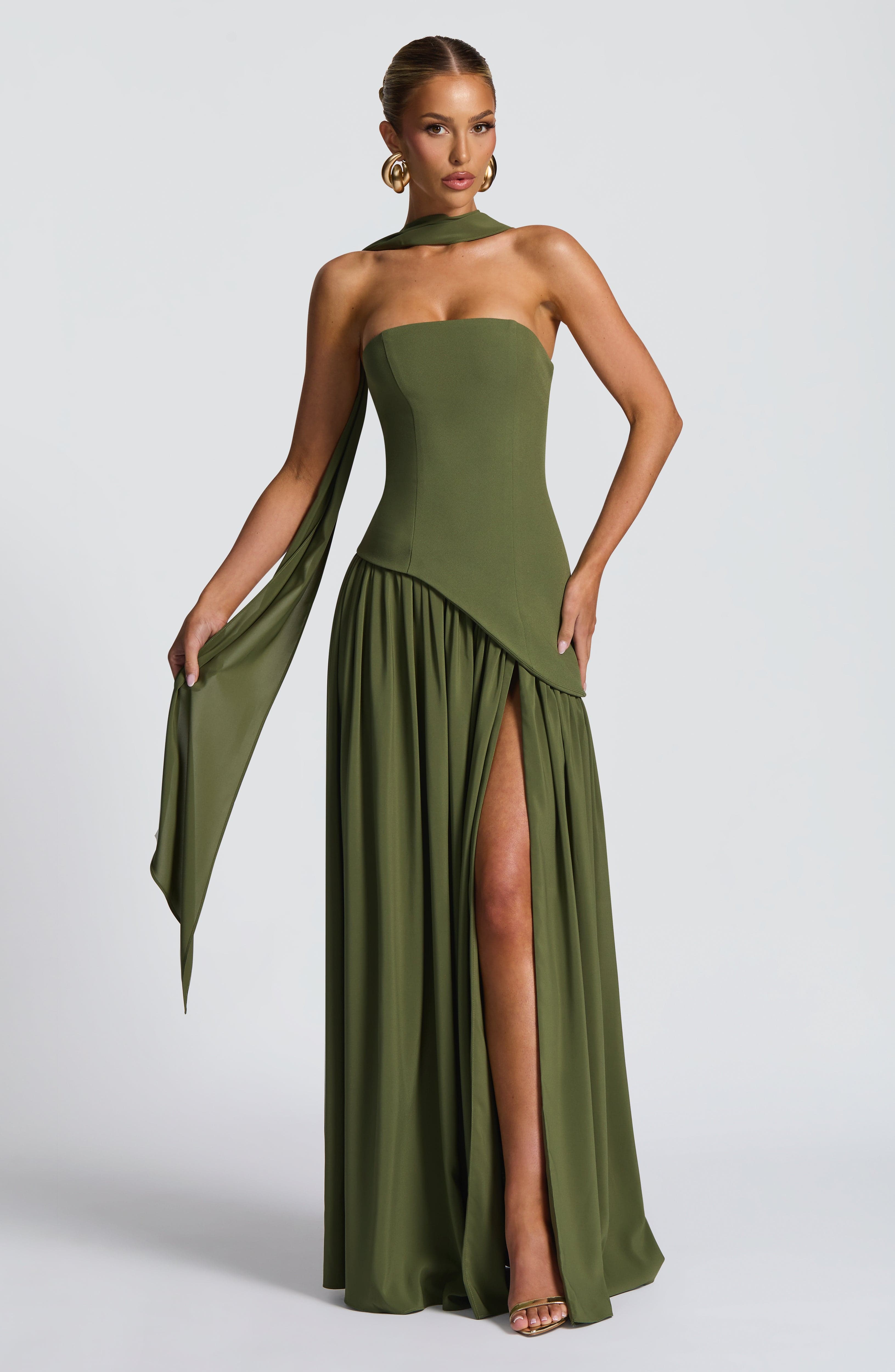 Women's Maxi Dress Strapless with Draped Sleeve and Front Slit - 2