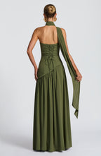 Women's Maxi Dress Strapless with Draped Sleeve and Front Slit - 4