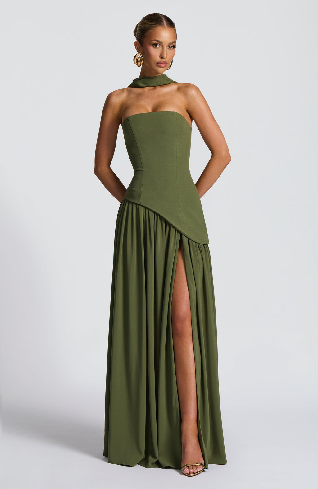 Women's Maxi Dress Strapless with Draped Sleeve and Front Slit - 9