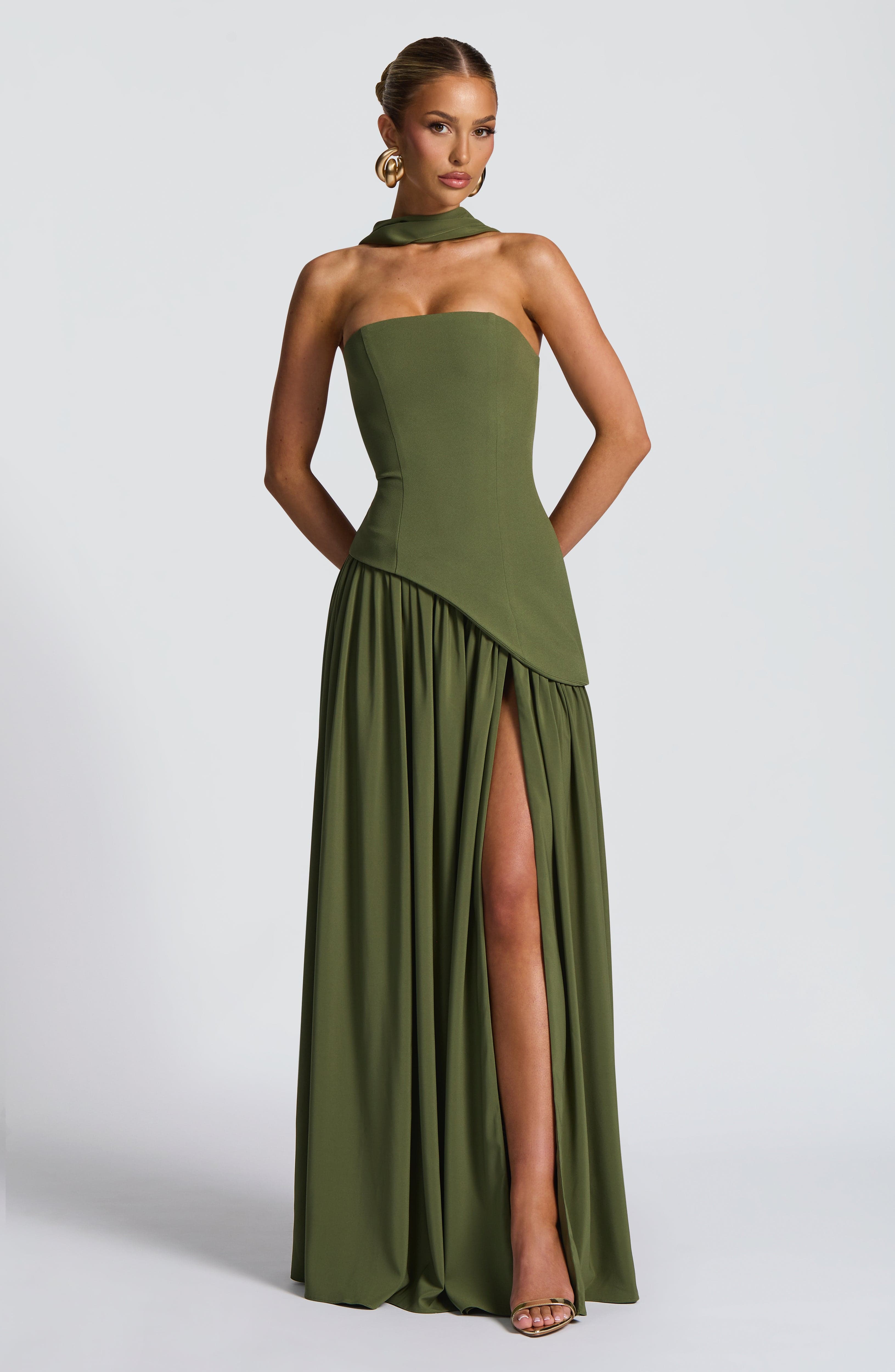 Women's Maxi Dress Strapless with Draped Sleeve and Front Slit - 9