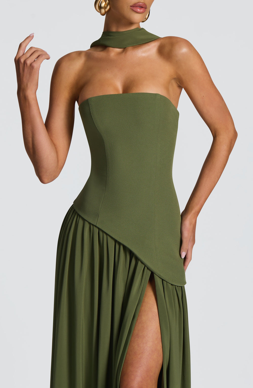 Women's Maxi Dress Strapless with Draped Sleeve and Front Slit - 6