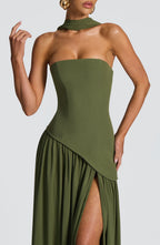 Women's Maxi Dress Strapless with Draped Sleeve and Front Slit - 6