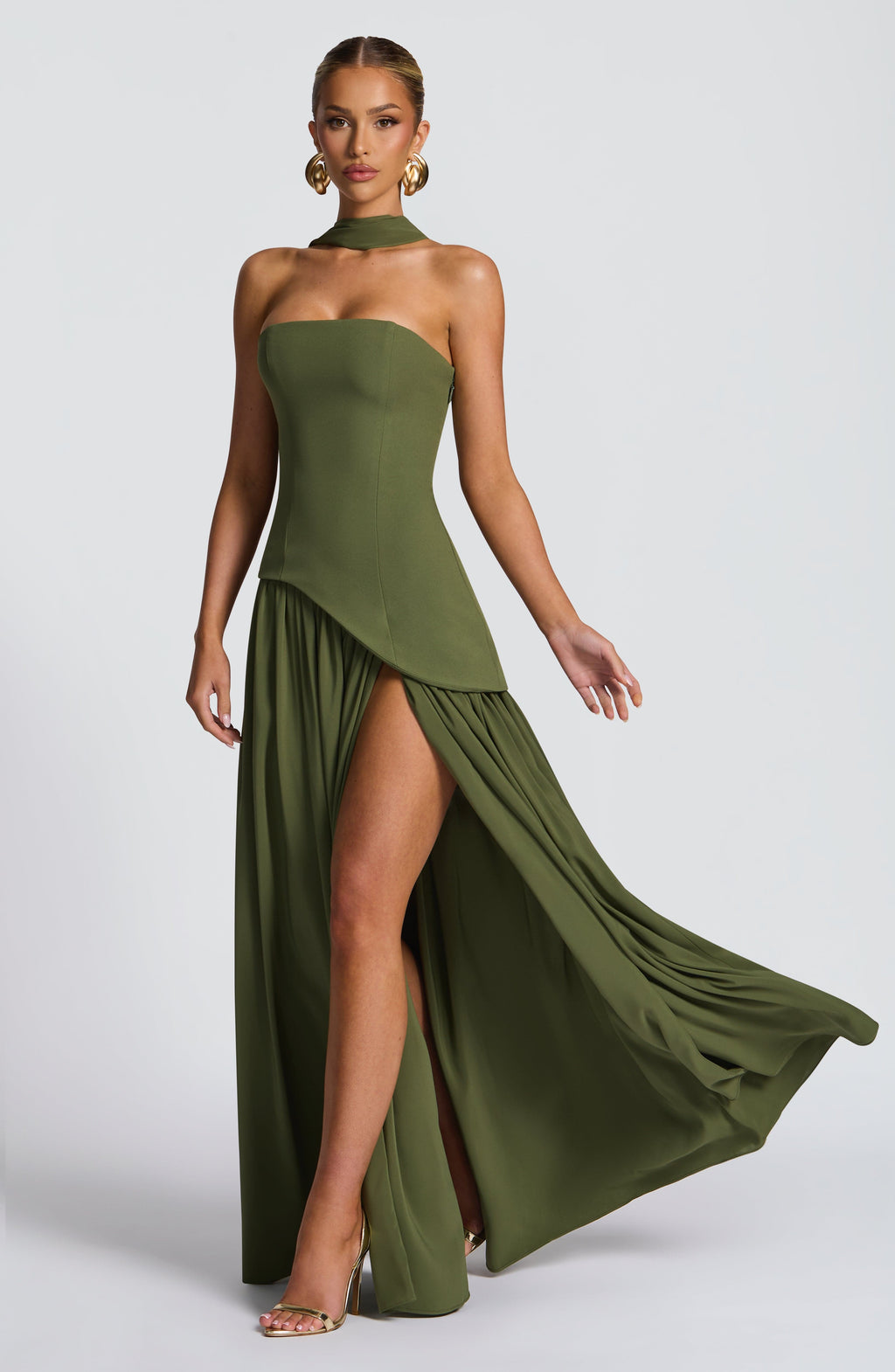 Women's Maxi Dress Strapless with Draped Sleeve and Front Slit - 3