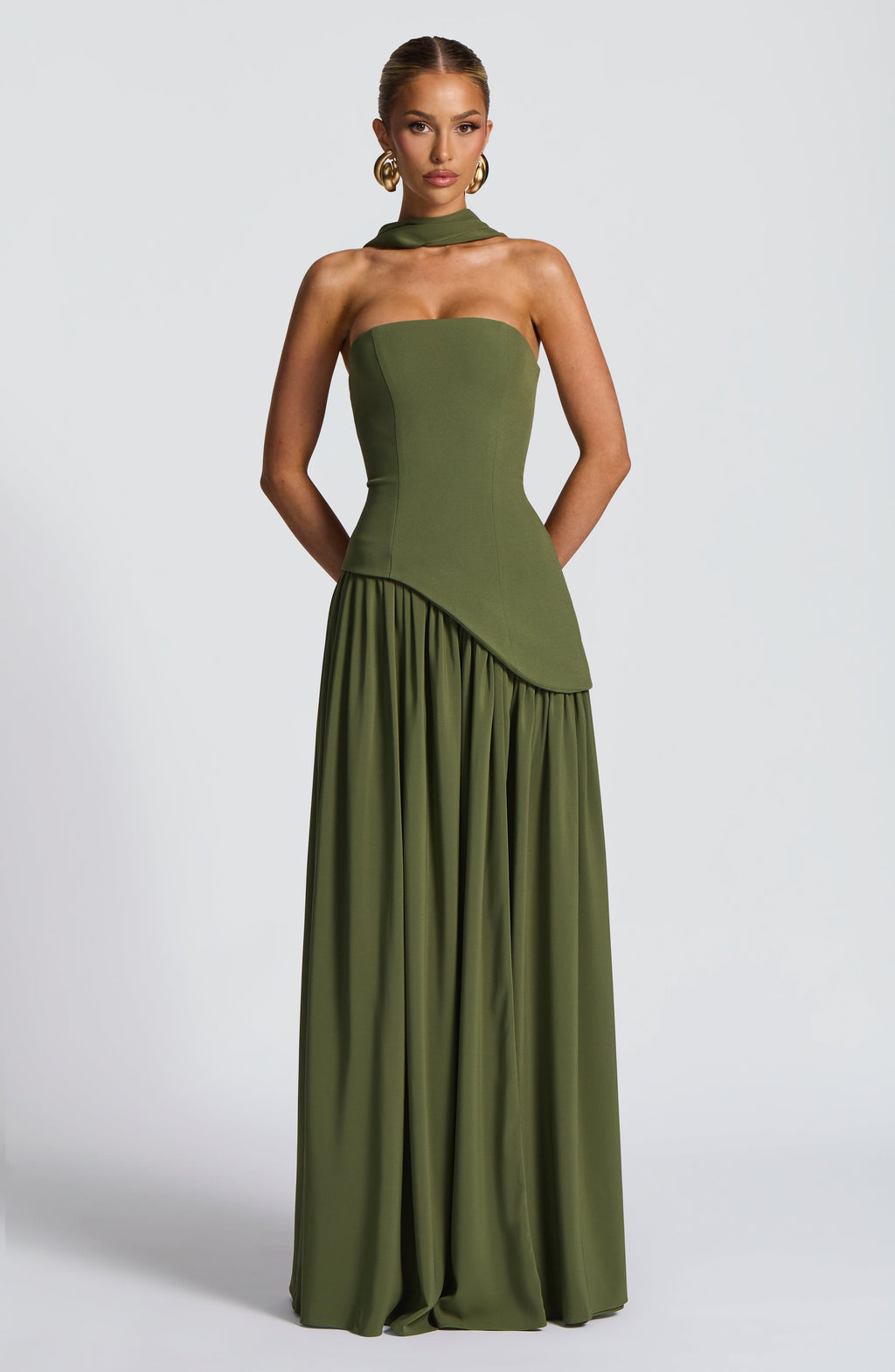 Women's Maxi Dress Strapless with Draped Sleeve and Front Slit - 5