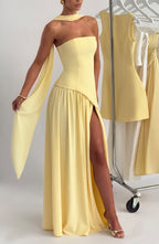 Women's Maxi Dress Strapless with One Shoulder Drape and Thigh Slit - 6