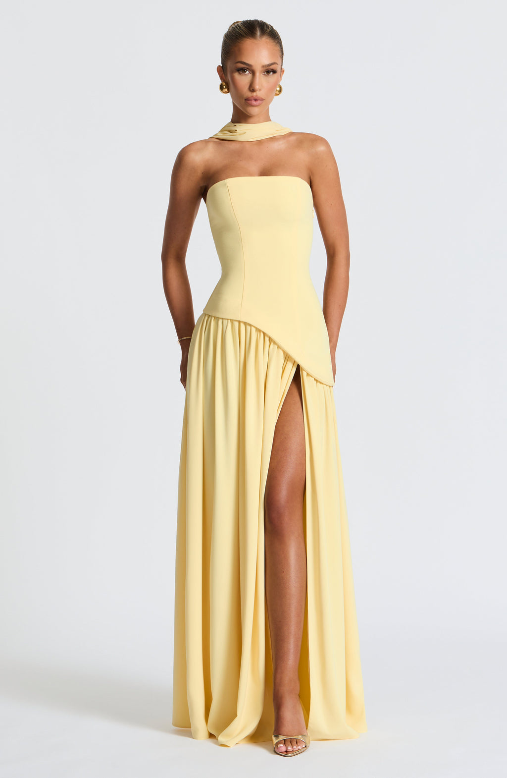 Women's Maxi Dress Strapless with One Shoulder Drape and Thigh Slit - 14