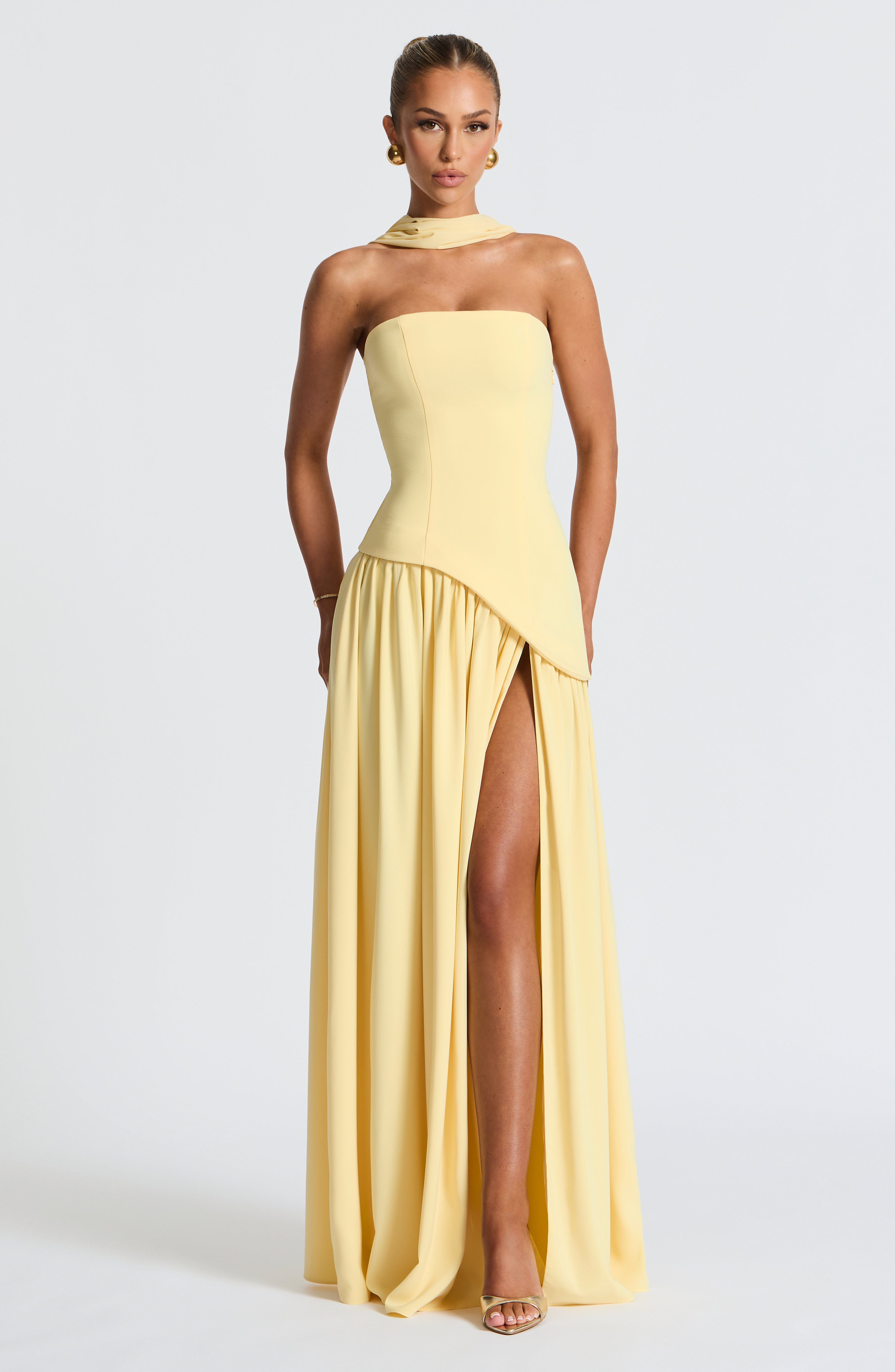Women's Maxi Dress Strapless with One Shoulder Drape and Thigh Slit - 14