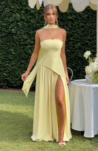 Women's Maxi Dress Strapless with One Shoulder Drape and Thigh Slit - 10