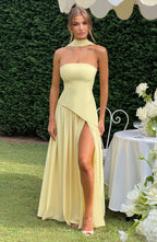 Women's Maxi Dress Strapless with One Shoulder Drape and Thigh Slit - 12