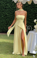 Women's Maxi Dress Strapless with One Shoulder Drape and Thigh Slit - 11