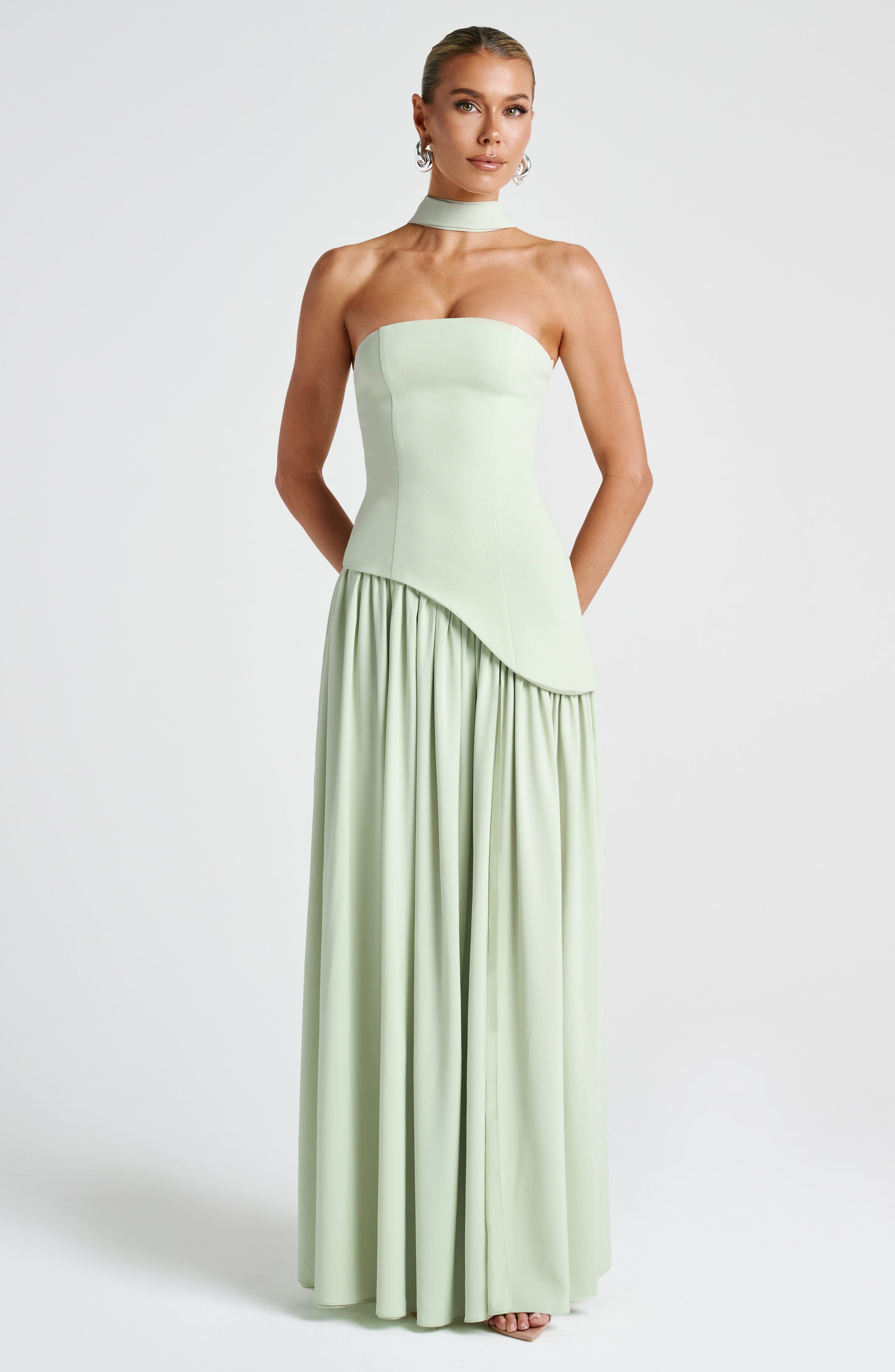 Women's Strapless Maxi Dress with Thigh Slit and Draped Skirt - 10