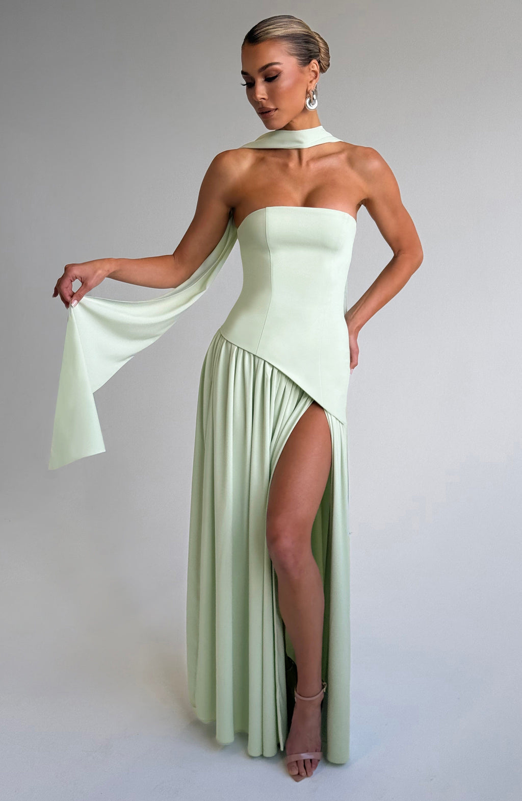 Women's Strapless Maxi Dress with Thigh Slit and Draped Skirt - 3