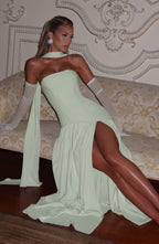Women's Strapless Maxi Dress with Thigh Slit and Draped Skirt - 5