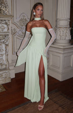 Women's Strapless Maxi Dress with Thigh Slit and Draped Skirt - 4