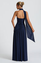 Women's Strapless Maxi Gown with Halter Neck Strap and Thigh Slit - 4