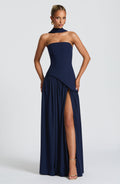 Women's Strapless Maxi Gown with Halter Neck Strap and Thigh Slit - 2