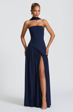 Women's Strapless Maxi Gown with Halter Neck Strap and Thigh Slit - 2