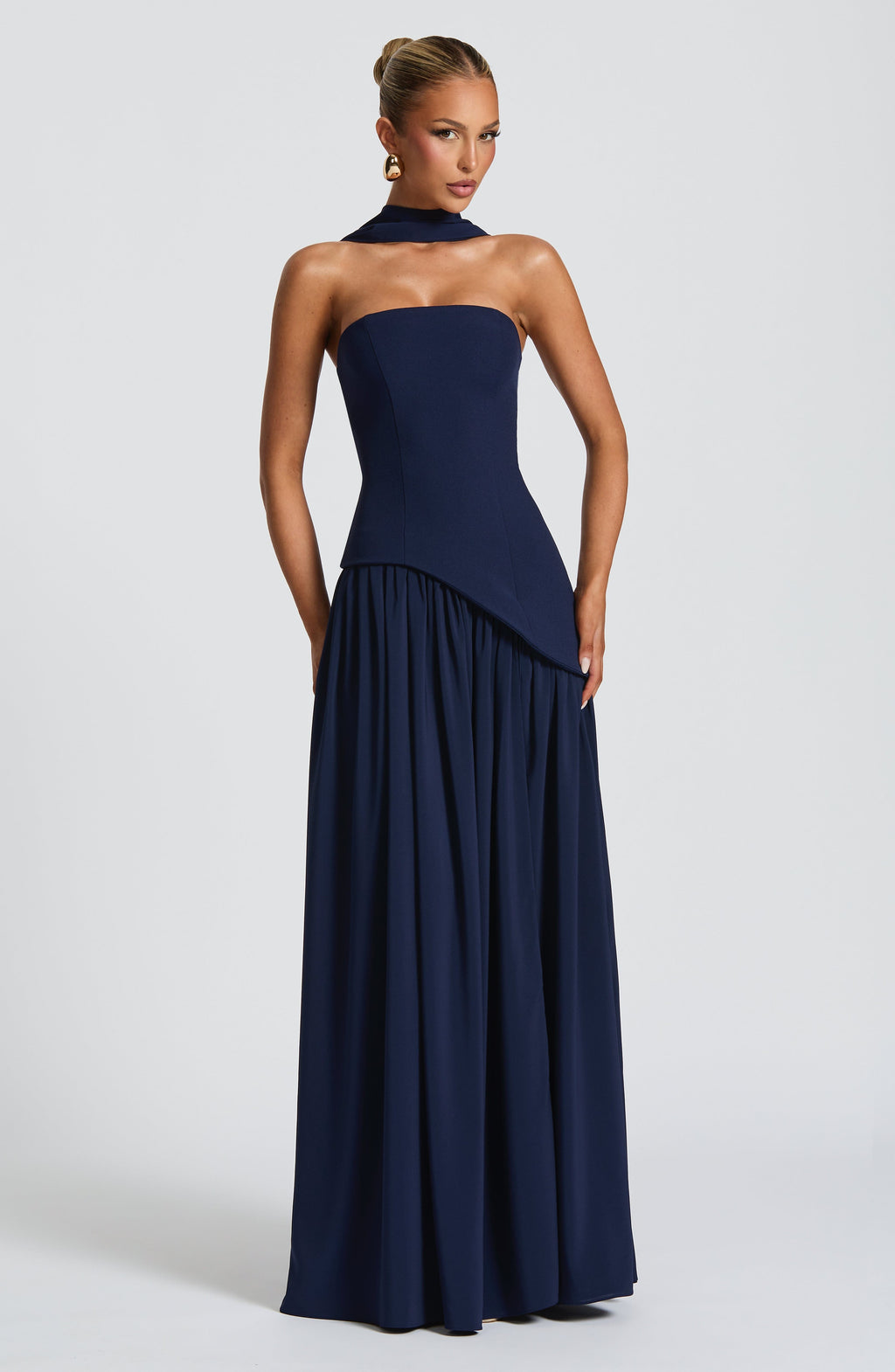 Women's Strapless Maxi Gown with Halter Neck Strap and Thigh Slit - 5