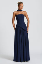 Women's Strapless Maxi Gown with Halter Neck Strap and Thigh Slit - 5