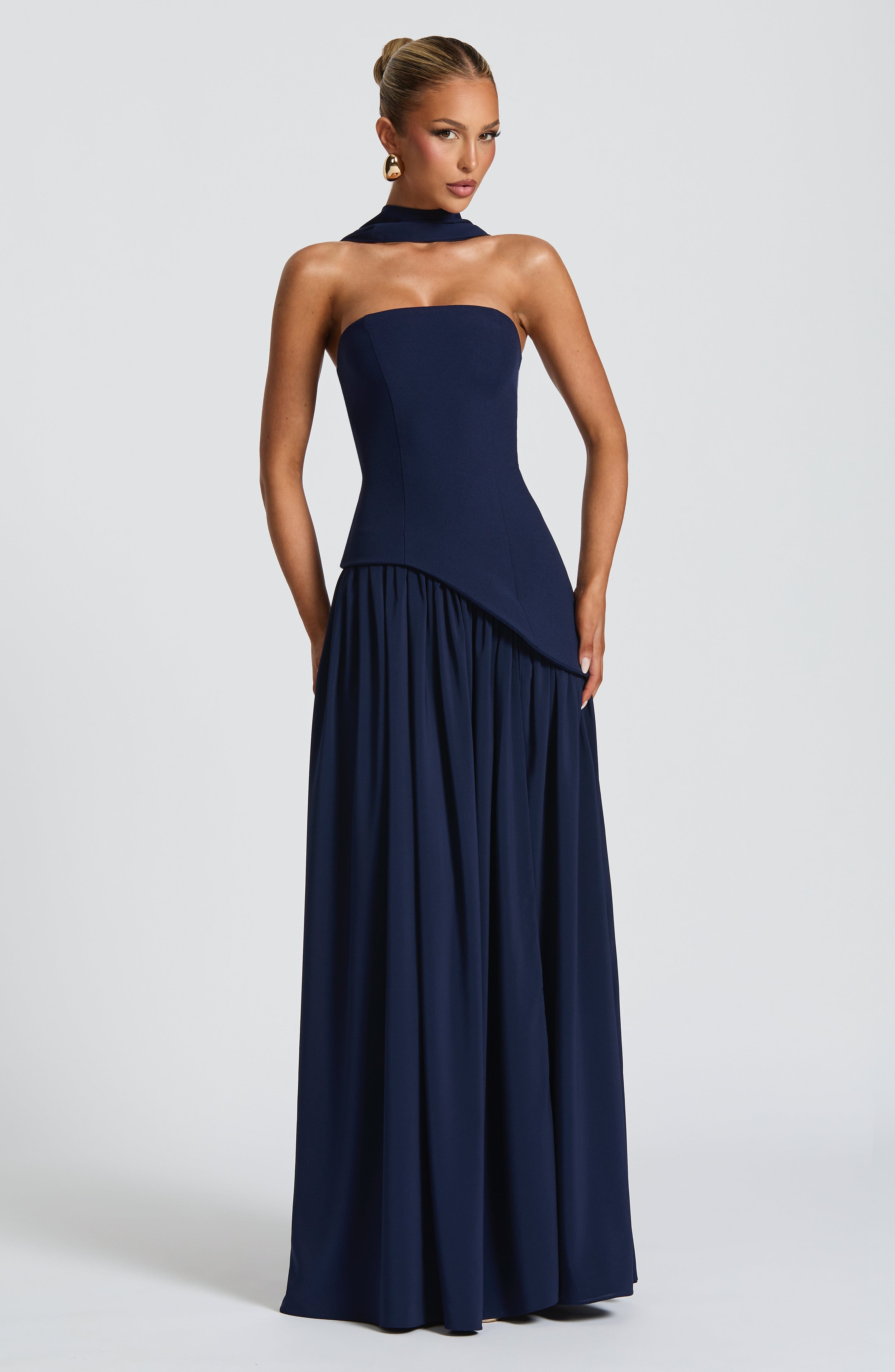 Women's Strapless Maxi Gown with Halter Neck Strap and Thigh Slit - 5
