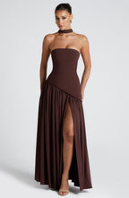 Women's Maxi Dress Strapless with Draped Neck Tie and High Slit - 10