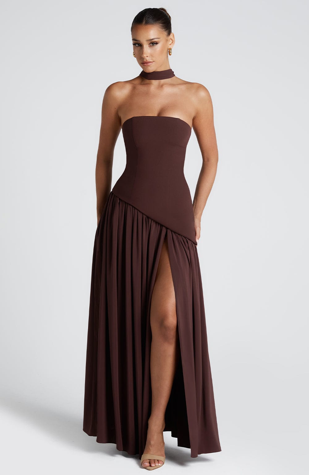 Women's Maxi Dress Strapless with Draped Neck Tie and High Slit - 10