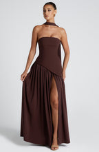 Women's Maxi Dress Strapless with Draped Neck Tie and High Slit - 12