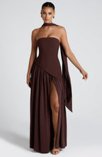 Women's Maxi Dress Strapless with Draped Neck Tie and High Slit - 3