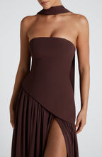 Women's Maxi Dress Strapless with Draped Neck Tie and High Slit - 7