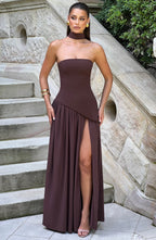 Women's Maxi Dress Strapless with Draped Neck Tie and High Slit - 8