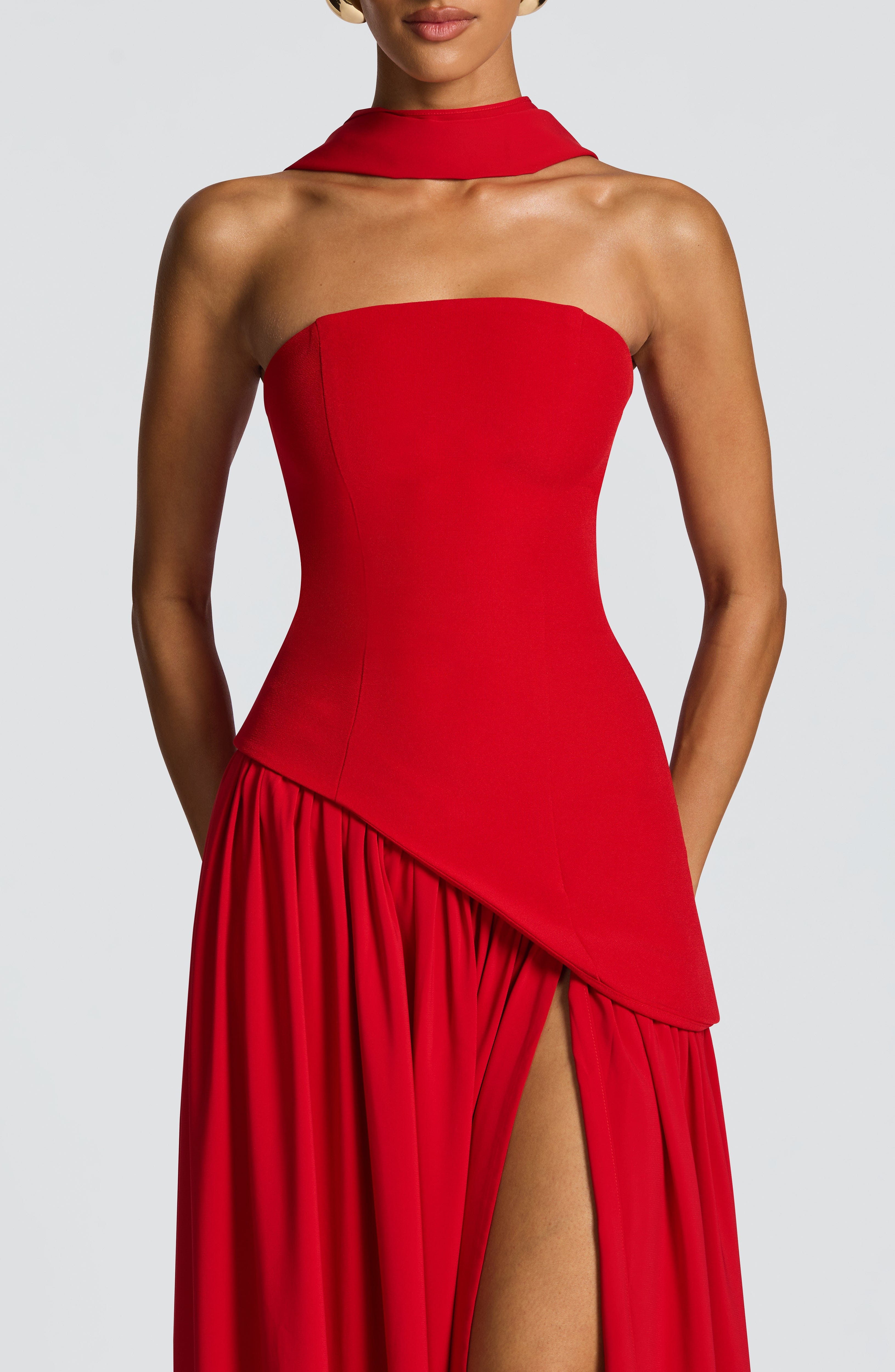 Women's Strapless Maxi Dress with Draped Skirt and High Slit - 8