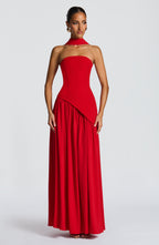 Women's Strapless Maxi Dress with Draped Skirt and High Slit - 7