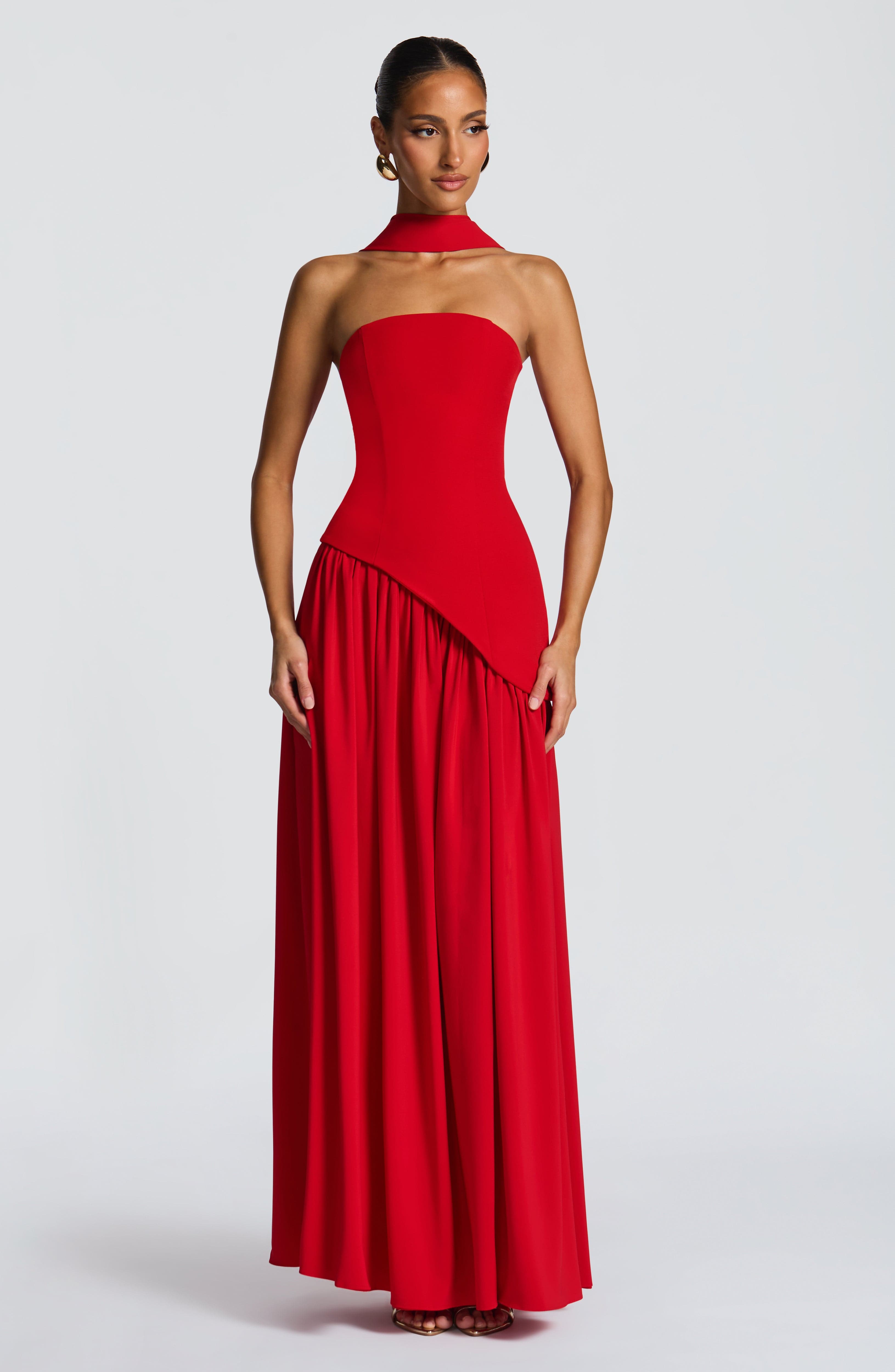 Women's Strapless Maxi Dress with Draped Skirt and High Slit - 7