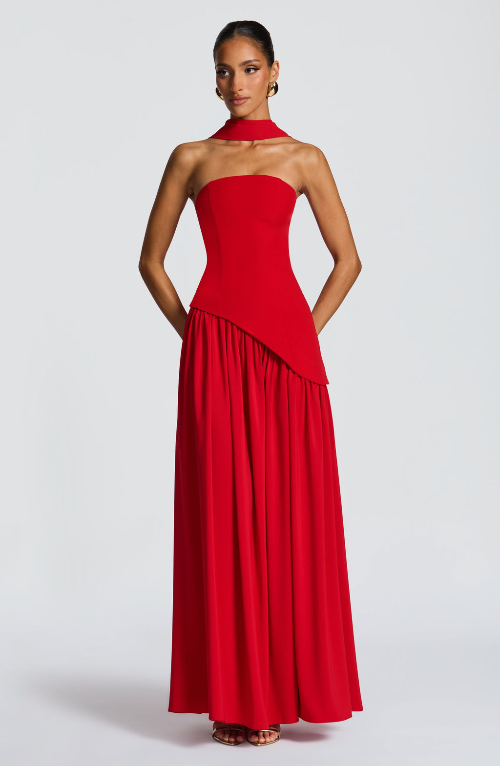 Women's Strapless Maxi Dress with Draped Skirt and High Slit - 10