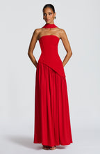 Women's Strapless Maxi Dress with Draped Skirt and High Slit - 10