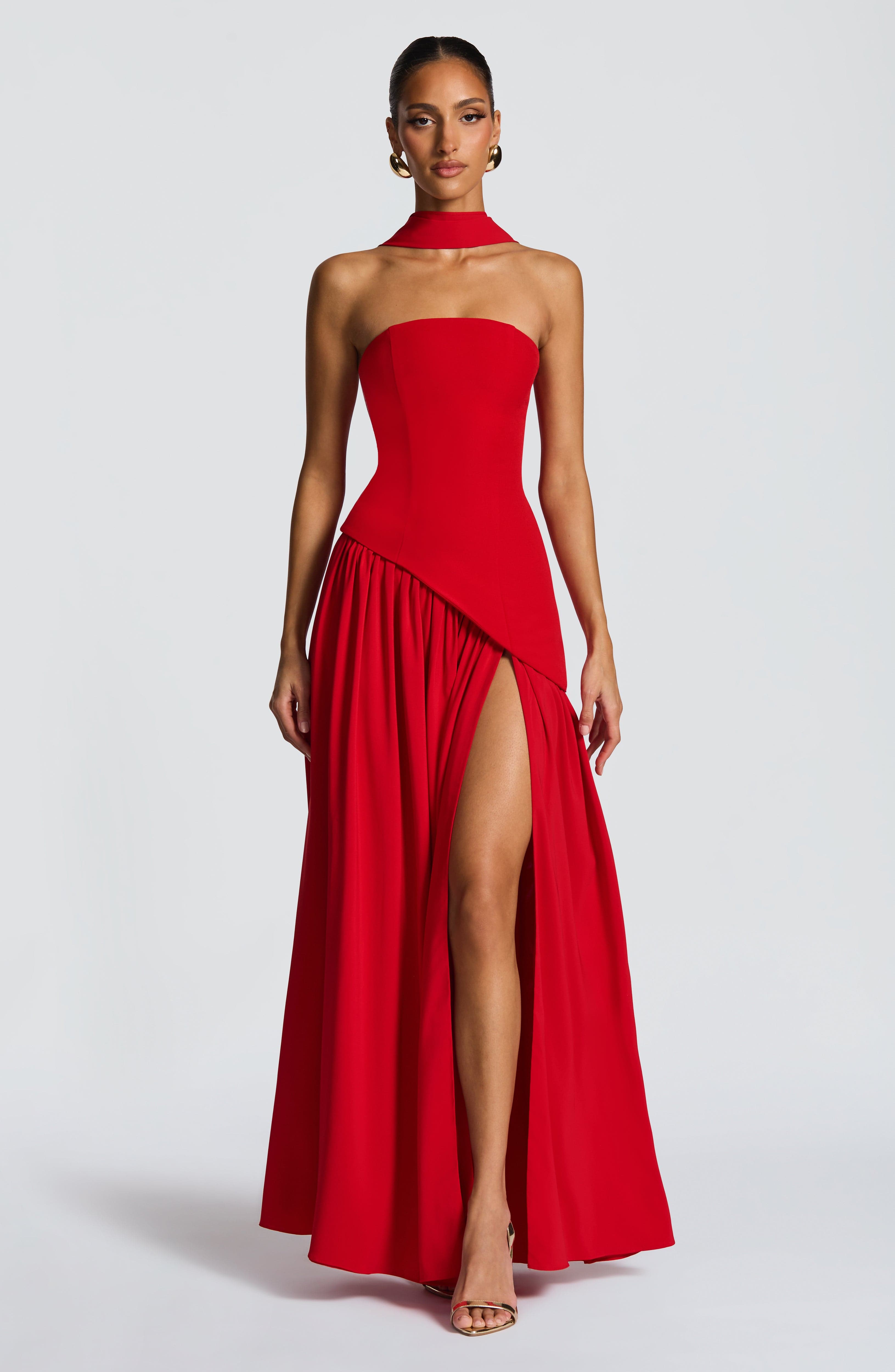 Women's Strapless Maxi Dress with Draped Skirt and High Slit - 6