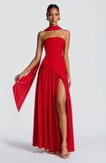 Women's Strapless Maxi Dress with Draped Skirt and High Slit - 2