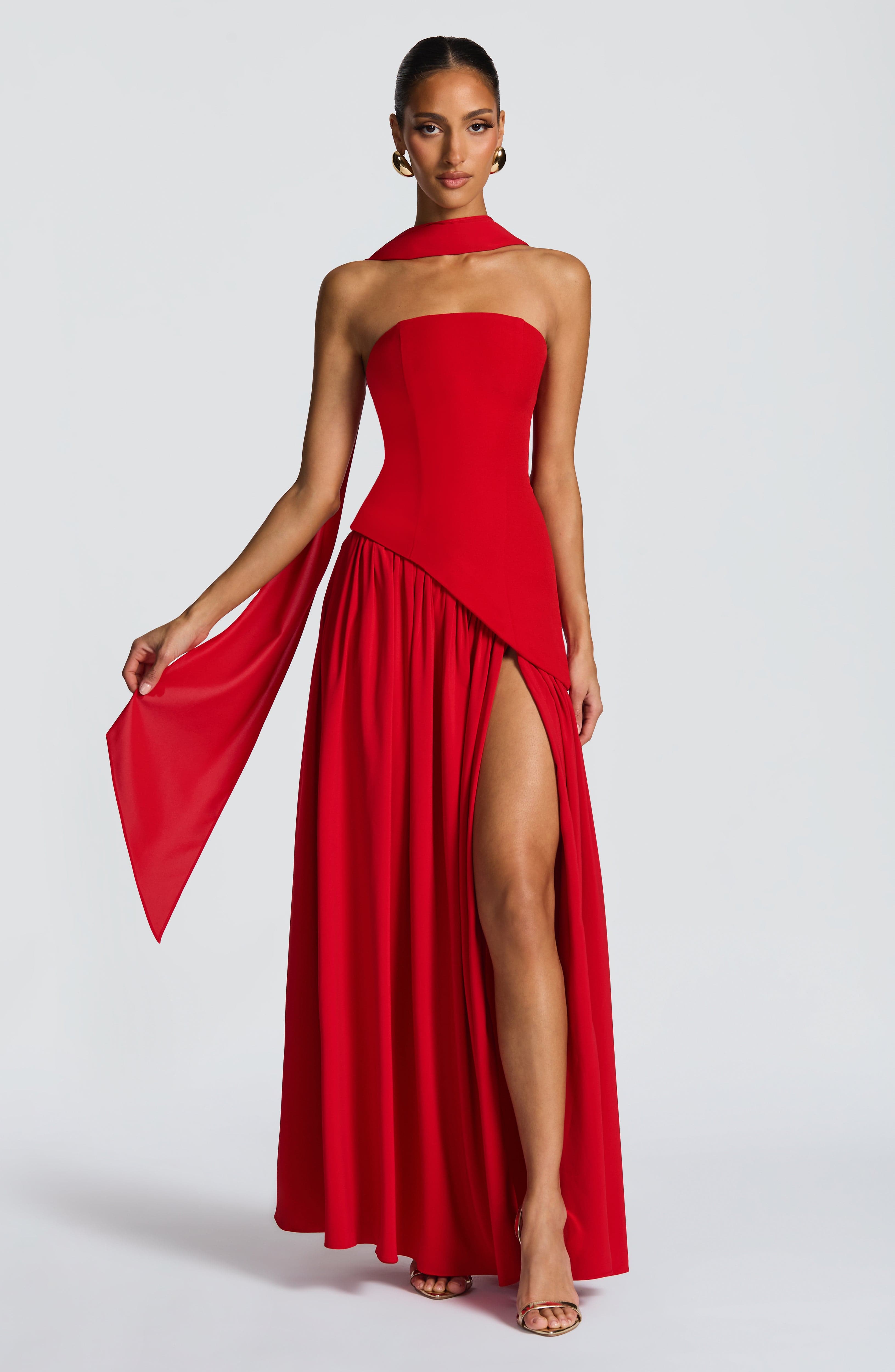 Women's Strapless Maxi Dress with Draped Skirt and High Slit - 2