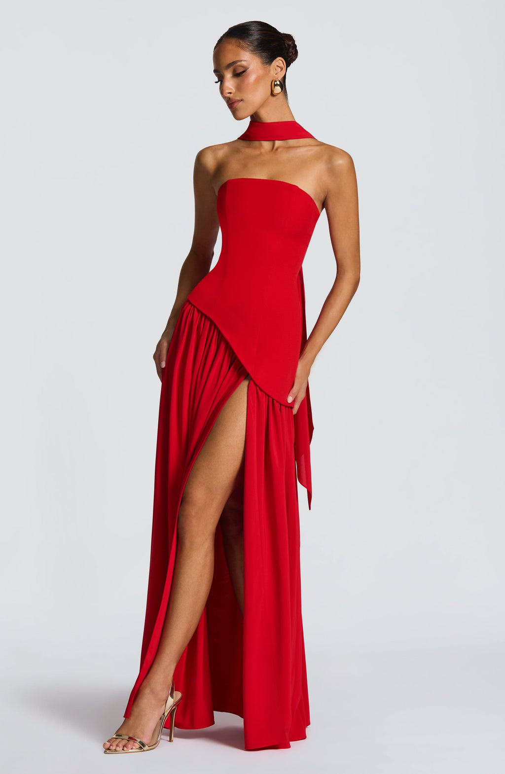 Women's Strapless Maxi Dress with Draped Skirt and High Slit - 3