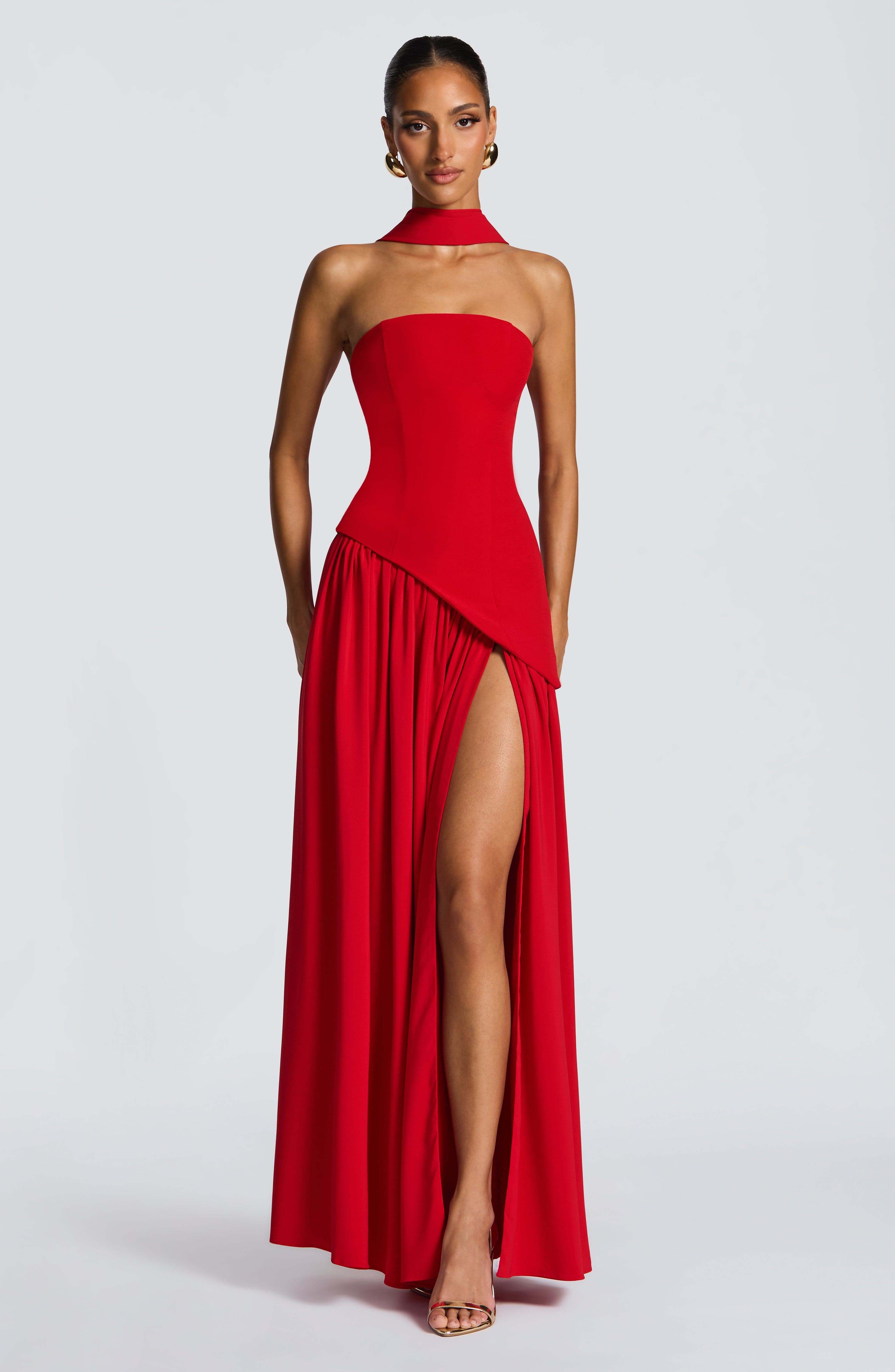 Women's Strapless Maxi Dress with Draped Skirt and High Slit - 9