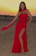 Women's Strapless Maxi Dress with Draped Skirt and High Slit - 4