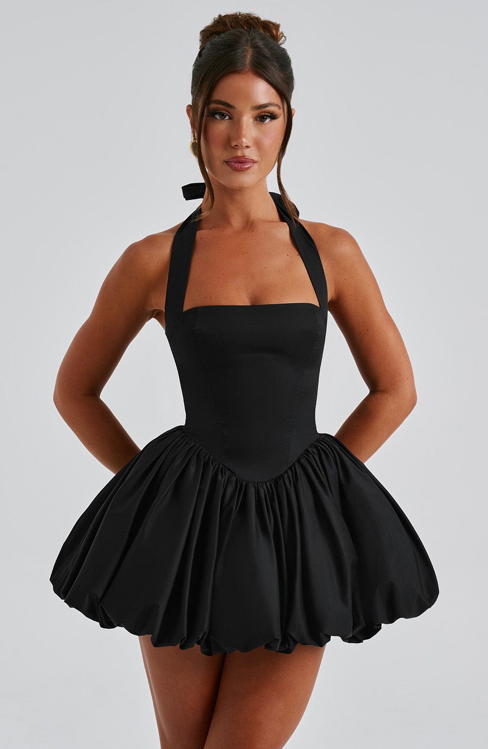 Women's Halterneck Puffball Mini Dress with Fitted Bodice - 2