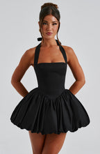 Women's Halterneck Puffball Mini Dress with Fitted Bodice - 2