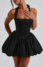 Women's Halterneck Puffball Mini Dress with Fitted Bodice - 10