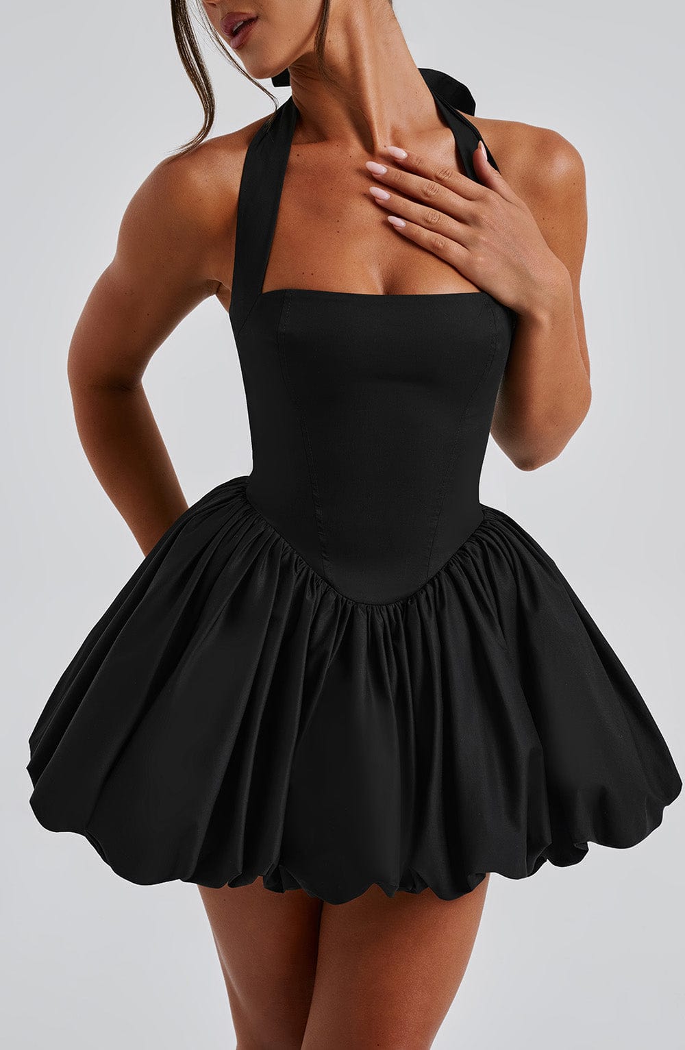 Women's Halterneck Puffball Mini Dress with Fitted Bodice - 10