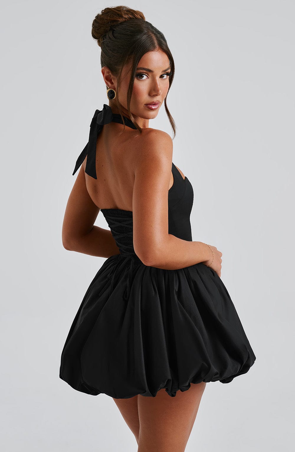 Women's Halterneck Puffball Mini Dress with Fitted Bodice - 13