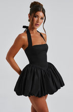Women's Halterneck Puffball Mini Dress with Fitted Bodice - 3