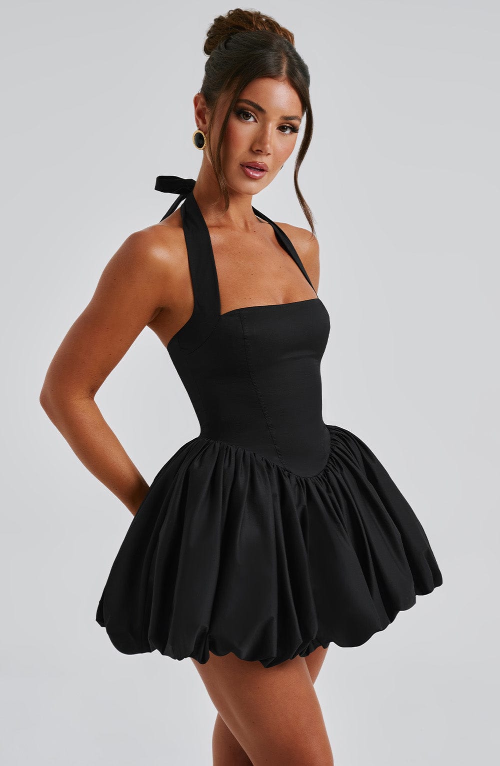Women's Halterneck Puffball Mini Dress with Fitted Bodice - 3