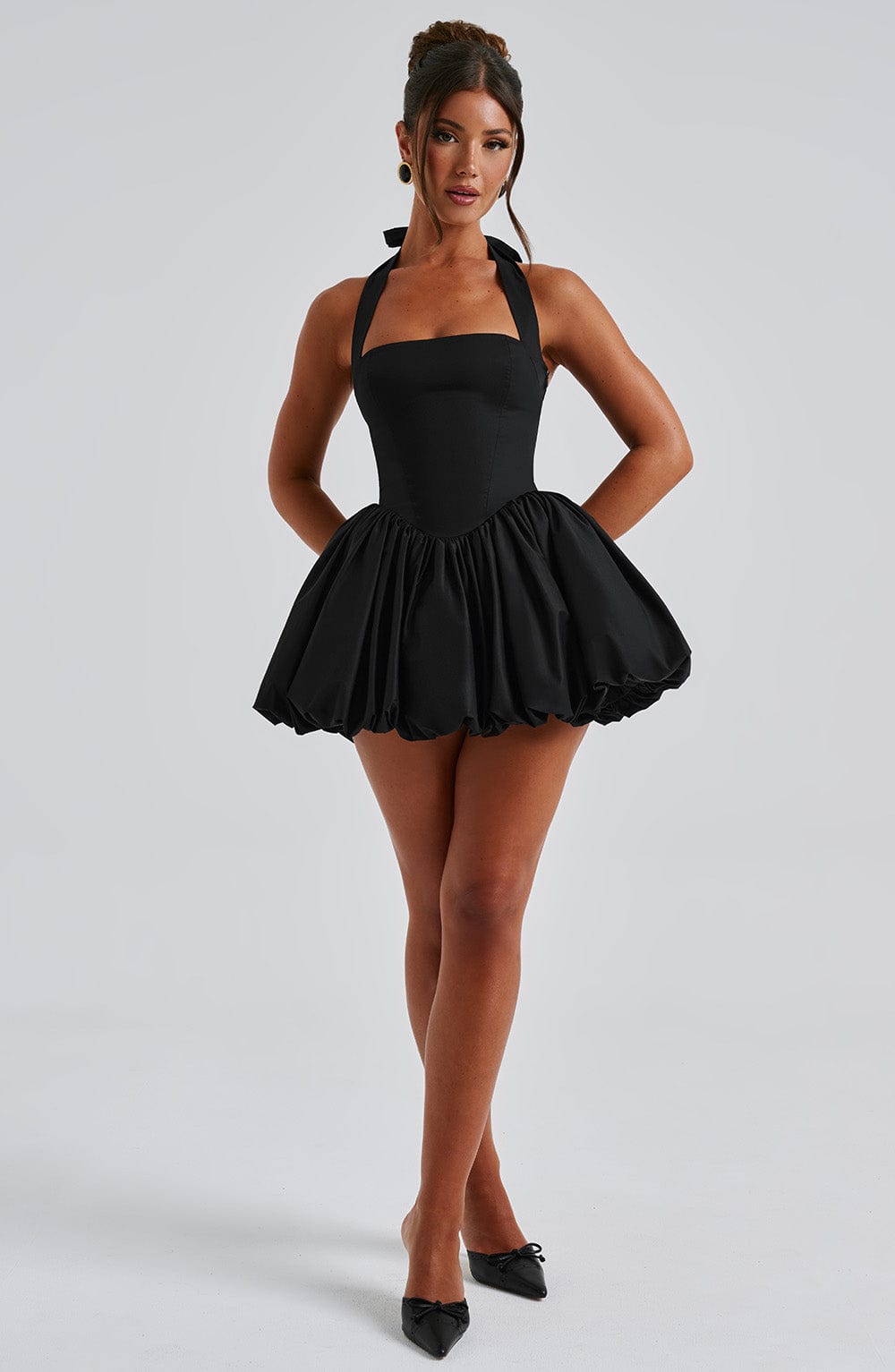 Women's Halterneck Puffball Mini Dress with Fitted Bodice - 12